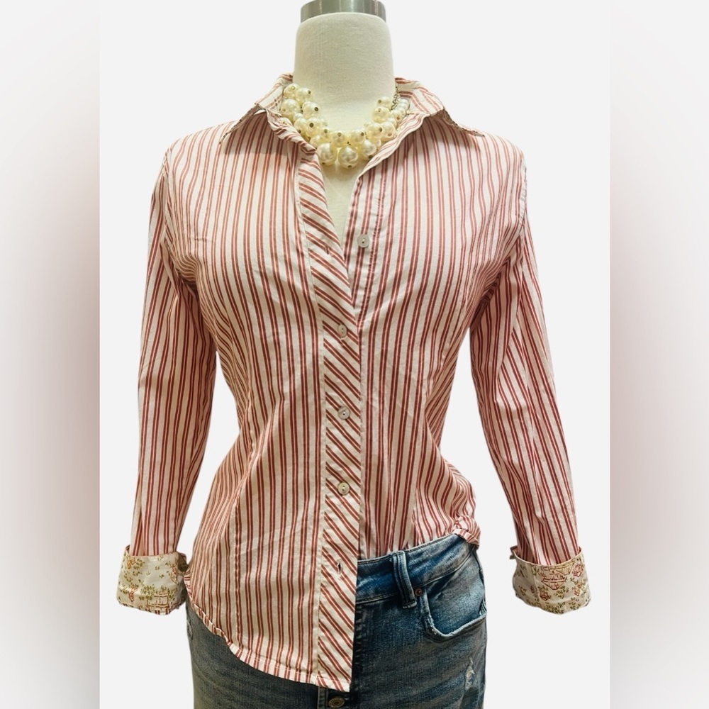 CHICO S -TOMATO RED & WHITE Striped Button-Down Shirt